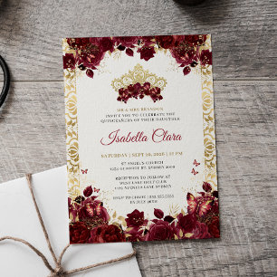 Invitation Quinceanera Floral Doré Burgundy Intemporel