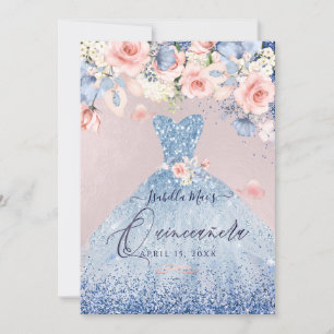 Invitation Quinceanera Floral Dusty Blue Parties scintillant 