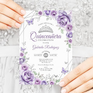 Invitation Quinceanera Floral Lilac Purple Silver