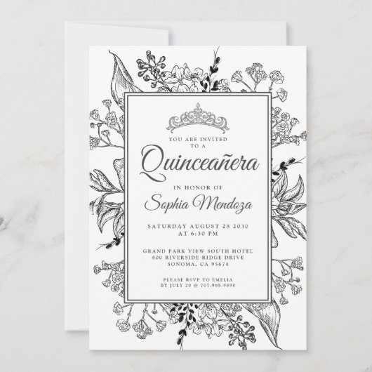 Invitation Quinceanera Floral noir blanc (Devant)