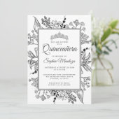 Invitation Quinceanera Floral noir blanc (Debout devant)