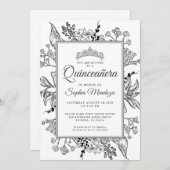 Invitation Quinceanera Floral noir blanc (Devant / Derrière)