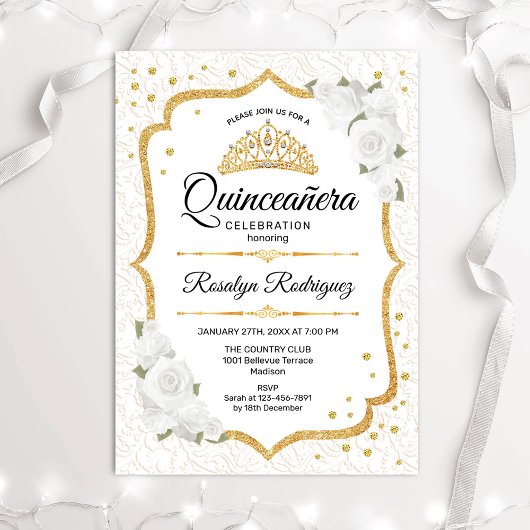 Invitation Quinceanera - Floral or blanc