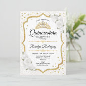 Invitation Quinceanera - Floral or blanc (Debout devant)