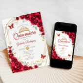 Invitation Quinceanera Floral Or Rouge