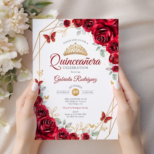 Invitation Quinceanera Floral Or Rouge