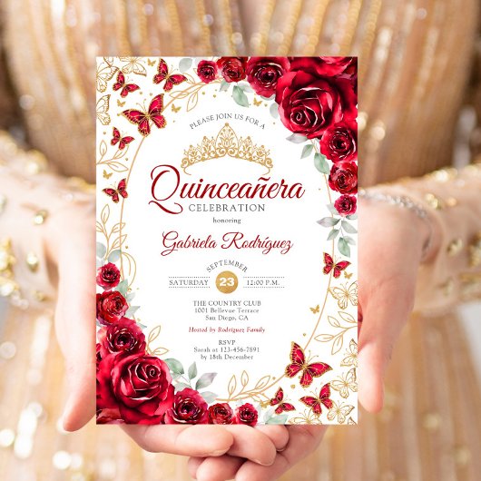 Invitation Quinceanera Floral Or Rouge