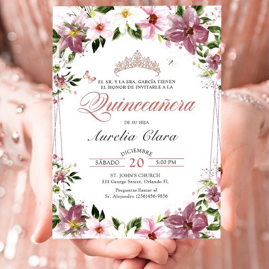 Invitation Quinceañera Floral Papillons Espagnol