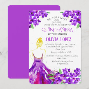 Invitation Quinceañera Floral pourpre 15e anniversaire