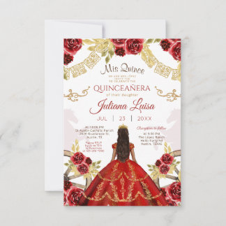 Invitation Quinceañera Floral Red Gold Charra Horaires mexica