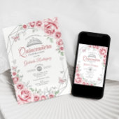 Invitation Quinceanera Floral rose argent