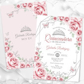 Invitation Quinceanera Floral rose argent