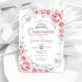 Invitation Quinceanera Floral rose argent
