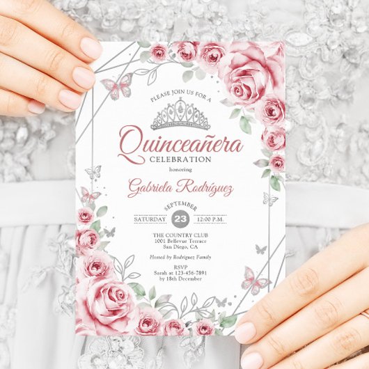 Invitation Quinceanera Floral rose argent