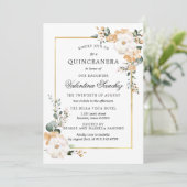 Invitation Quinceanera Floral Rose blanc et or (Debout devant)