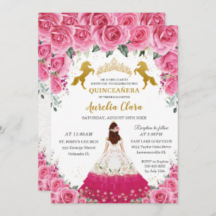 Invitation Quinceañera Floral Rose Princesse Charro Gold Hors