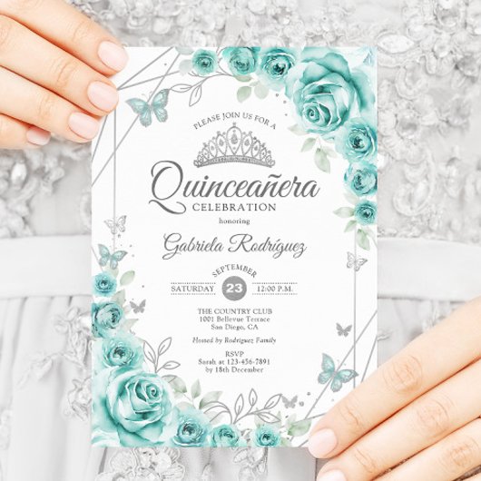 Invitation Quinceanera Floral Turquoise Argent