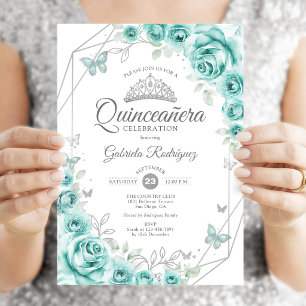 Invitation Quinceanera Floral Turquoise Argent