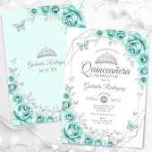 Invitation Quinceanera Floral Turquoise Argent