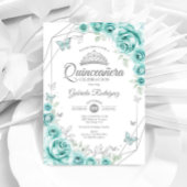 Invitation Quinceanera Floral Turquoise Argent