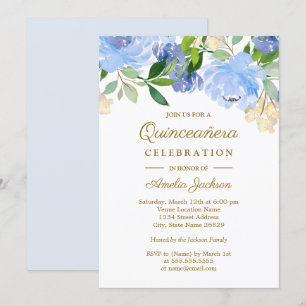 Invitation Quinceanera florale aquarelle bleu marine