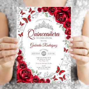 Invitation Quinceañera Florale Argent Rouge