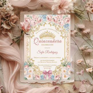 Invitation quinceañera florale avec couronne éléga