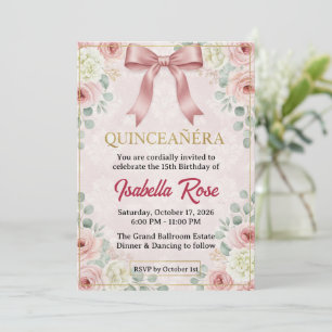 Invitation Quinceañera Florale avec Nœud Coquette Rose