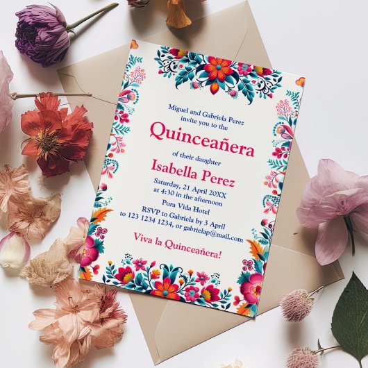 Invitation Quinceanera Florale Blanc Fête Mexicaine Anniversa