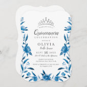 Invitation Quinceanera florale bleu et blanc (Devant / Derrière)
