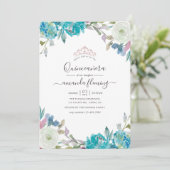 Invitation Quinceañera florale bleu et turquoise (Debout devant)