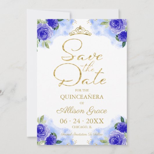Invitation Quinceanera Florale Bleu Or Enregistrer La Date (Devant)