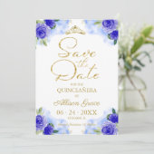 Invitation Quinceanera Florale Bleu Or Enregistrer La Date (Debout devant)