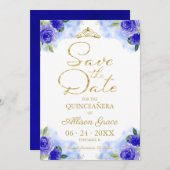 Invitation Quinceanera Florale Bleu Or Enregistrer La Date (Devant / Derrière)