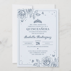 Invitation Quinceañera Florale Bleu Poussiéreux