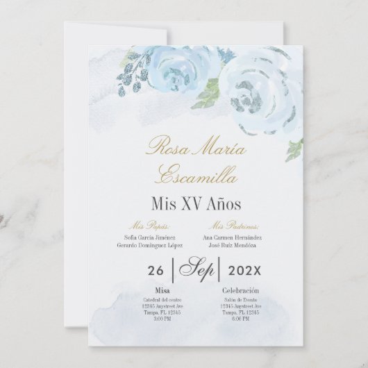 Invitation Quinceanera florale bleue (Devant)