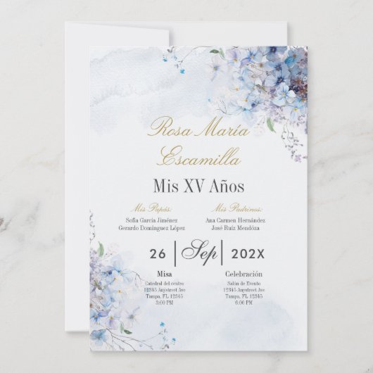 Invitation Quinceanera florale bleue (Devant)