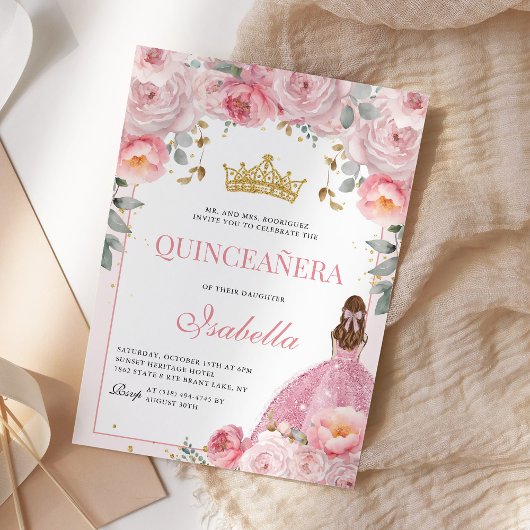 Invitation Quinceanera florale Blush Rose Gold Princess