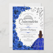 Invitation Quinceanera Florale d'argent bleu royal (Devant)