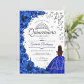 Invitation Quinceanera Florale d'argent bleu royal (Debout devant)