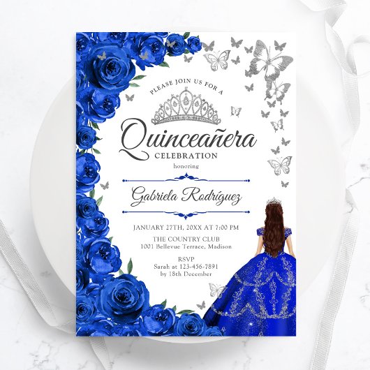 Invitation Quinceanera Florale d'argent bleu royal