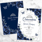 Invitation Quinceanera florale d'argent de la marine