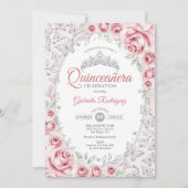 Invitation Quinceanera florale d'argent rose (Devant)