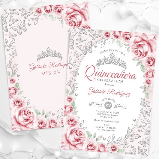 Invitation Quinceanera florale d'argent rose