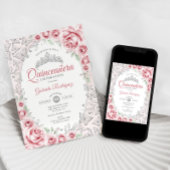 Invitation Quinceanera florale d'argent rose