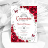 Invitation Quinceanera florale d'argent rouge