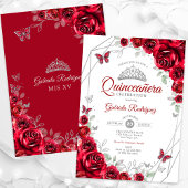 Invitation Quinceanera florale d'argent rouge