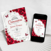 Invitation Quinceanera florale d'argent rouge