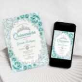Invitation Quinceanera florale d'argent turquoise