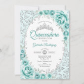Invitation Quinceanera florale d'argent turquoise (Devant)
